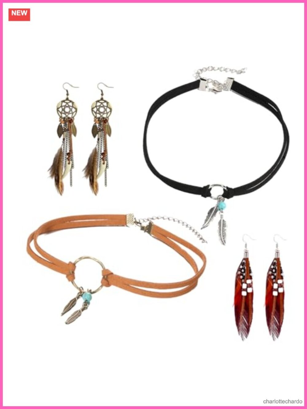 Boho Turquoise Leather Choker Necklace & Feather Earrings Set
